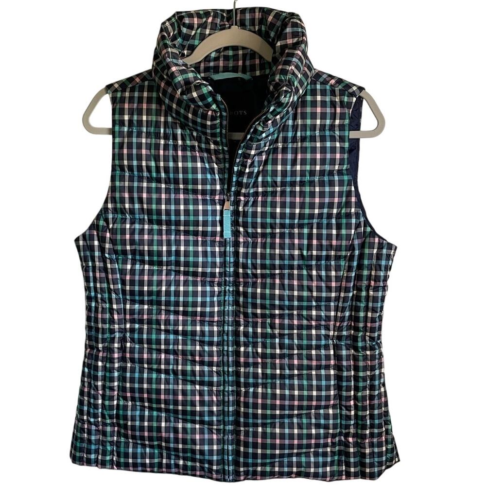 Talbots Womens M Navy Plaid Down Filled Quilted Puffer Vest Zip Pockets Preppy
